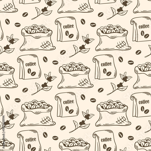 Coffee vintage engraved seamless pattern. Background with coffee bean packages, raw Arabica and robusta coffee beans. Print for packaging, paper, and design. Vector graphics