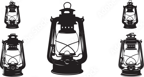 Set of vintage lanterns in black silhouette on white