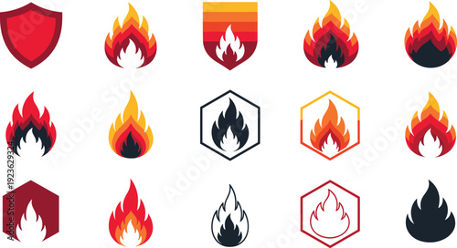 Fire Flame Shield Logo and Hazard Icon Collection with Heat Energy Burn Warning Safety Flat Vector Illustration Set Police Stop