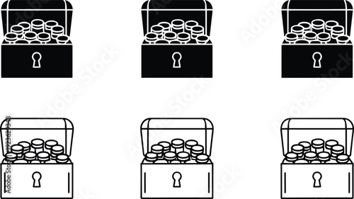 Treasure Chest Coins Gold Wealth Riches Fortune Money Savings Investment Storage Lock Locked Security Safe Silhouette Vector Illustration Icon Collection