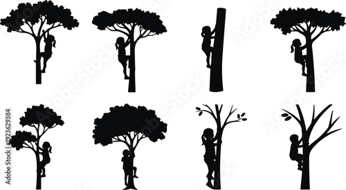 Children climbing trees silhouette vector collection with various poses isolated on gray background for nature illustration, outdoor activity design, and adventure themed graphics