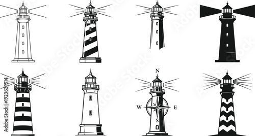 Vector set of various lighthouse architectural line art icons and silhouettes featuring nautical beacons searchlight beams and maritime navigation symbols on a white background