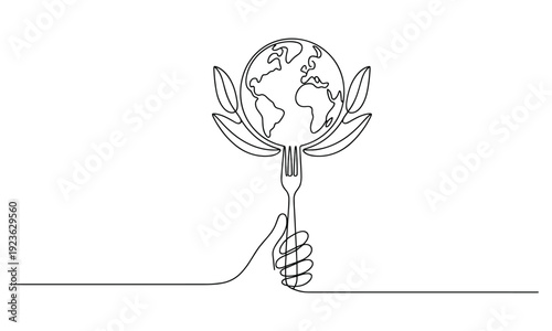 Hand holding fork with planet earth and leaves single line drawing global food concept