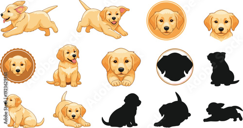 Golden Retriever Puppy Cartoon Character and Head Portrait Collection with Sitting Running Silhouette Pet Flat Vector Illustration Set Police Stop
