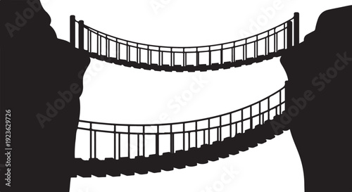 Silhouette of suspension bridges between two cliffs isolated white