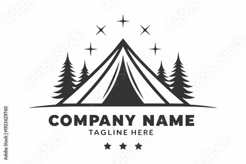 Simple monochrome outline shows a camping tent flanked by pine trees beneath stars