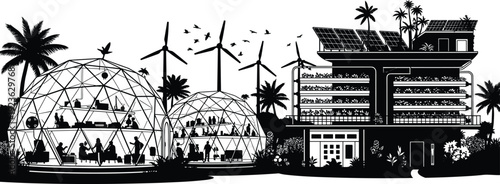 Vector silhouette illustration of a futuristic sustainable eco city featuring geodesic domes solar panels wind turbines and vertical farming for green energy and living