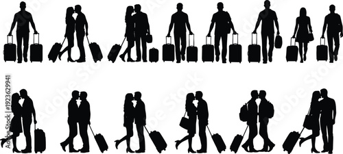 Vector silhouette set of travelers pulling luggage suitcases and couples hugging and kissing at an airport or station for travel and vacation concepts