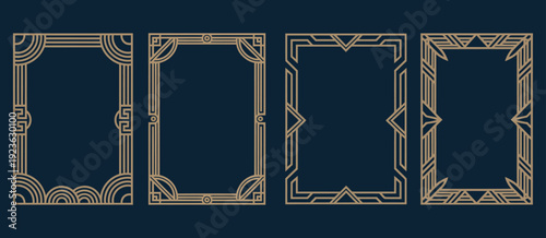 collection of gold vintage frames with geometric art deco ornaments, set of luxury golden decorative elements, elegant vector graphic design for ornate projects.