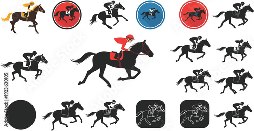 Horse Racing Jockey Silhouette and Color Icon Collection with Galloping Racehorse Equestrian Sport Flat Vector Illustration Set Police Stop