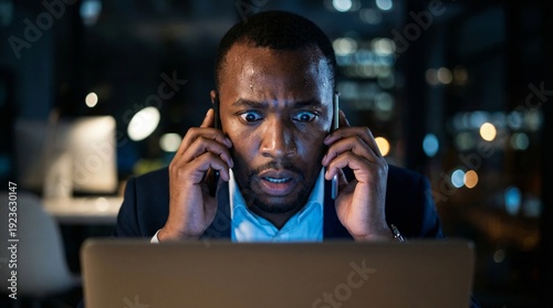 Black man in suit worried while on phone at laptop in office nighttime  