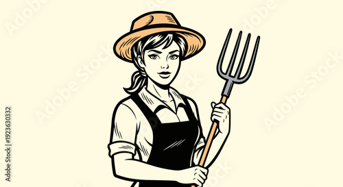 A female farmer holding a pitchfork and wearing a straw hat in a black and white vector illustration style, perfect for agricultural themes and branding