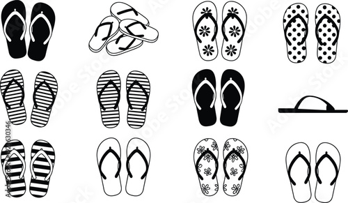 Flip Flops and Beach Sandals Black and White Vector Icon Set with Floral and Striped Patterns Isolated on White Background for Summer Design