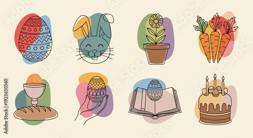 A collection of Easter-themed illustrations featuring a bunny, decorated eggs, cake, and spring flowers in colorful minimalist vector style, perfect for festive designs and seasonal celebrations