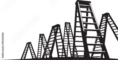 Black silhouettes of multiple ladders on white background standing