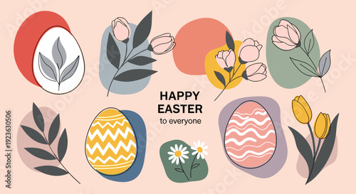 A colorful Easter illustration featuring eggs and flowers in a modern vector style, perfect for greeting cards and seasonal decorations