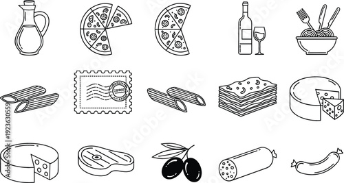 Italian Food Line Icon Set with Pizza, Pasta, Olive Oil, Wine, Cheese and Traditional Cuisine Outline Vector Collection