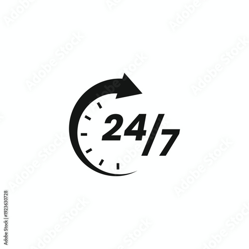 24/7 hours clock timer icon with circular arrow for non-stop service, fast delivery, and round-the-clock support