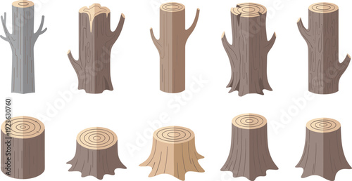 Tree Stump and Log Wooden Trunk Collection with Cut Timber Rings Forest Cartoon Flat Vector Illustration Set Isolated Police Stop