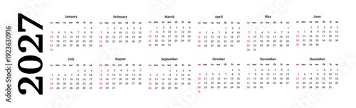 Calendar for 2027 isolated on a white background
