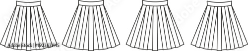 Minimalist pleated skirt vector illustration set featuring four black and white outline variations isolated on gray background for fashion design, apparel branding, and sewing templates