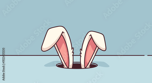 A pair of cute rabbit ears peeking out from a hole in flat modern vector style, ideal for Easter designs or children's illustrations