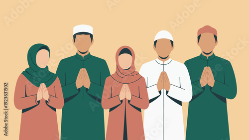 A group of five diverse Muslim individuals, men and women, standing respectfully with their hands pressed together in a prayer or greeting gesture.