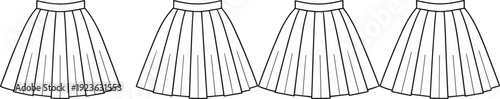 Pleated skirt vector illustration collection with four black and white outline variations isolated on gray background for fashion design templates and apparel branding projectsPleated skirt vector 