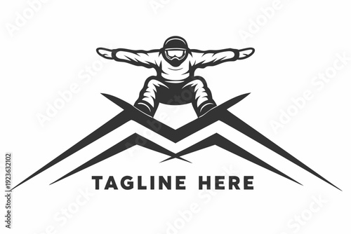 Snowboarder in action wearing helmet and goggles above stylized mountains