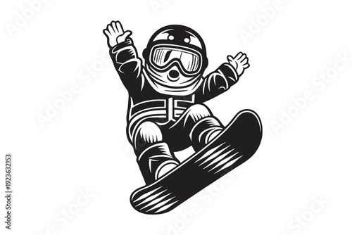 Snowboarder in black and white suit executes a stylish jump with arms outstretched on a board