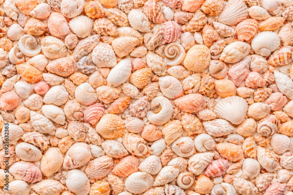 Obraz premium Mixed Small Seashells Flat Lay Macro Texture Peach Coral Background for Design