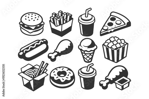 Monochrome fast food icons set: burger, fries, soda, pizza, hotdog, drumstick.