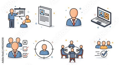 A collection of business and teamwork icons in flat modern vector style, ideal for corporate presentations and training materials