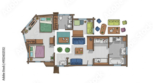Detailed architectural floor plan showcasing rooms and furniture arrangements for a home.