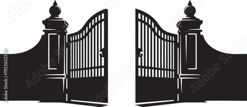 Open Iron Gate Silhouette with Ornate Pillar Details