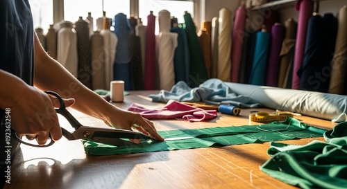 Seamstress carefully cuts dark green fabric with large shears across a wooden table surrounded by numerous textile rolls in a brightly lit workshop.