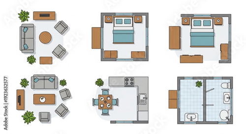 Detailed top-down view of various room layouts and furniture arrangements.
