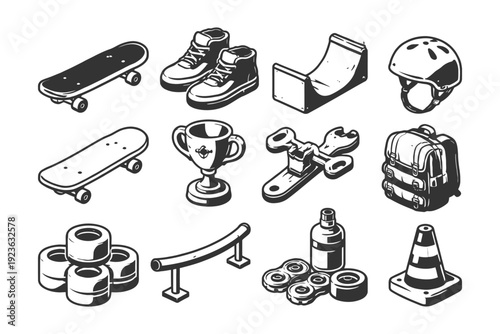 Monochrome skateboarding equipment icons with skateboards and accessories.