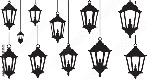 Black lanterns hanging from the ceiling in a row