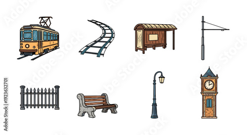 A collection of urban transport elements including a train, bench, fence, streetlight, clock, and more in colorful vector style, ideal for city-themed design projects