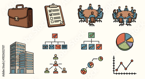 A collection of business and management icons featuring a briefcase, checklist, team meeting, flowchart, and graphs in flat vector style, ideal for corporate presentations and workflow designs