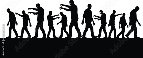 Zombie silhouettes walking dead horror characters cad drawing flat vector illustration isolated black shapes