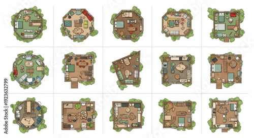 Detailed overhead view of various fantasy treehouse structures with intricate designs.