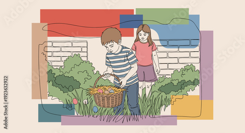 A colorful illustration of children participating in an Easter egg hunt in a garden, in a modern vector style, ideal for springtime celebrations and family-themed projects