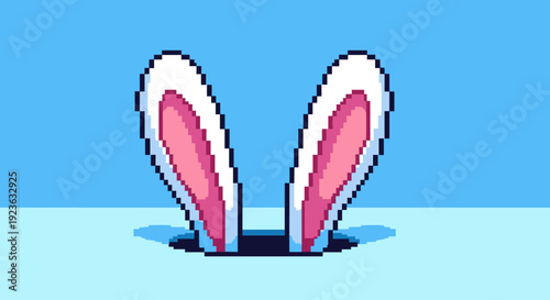 A pair of cute rabbit ears peeking out of a hole in a blue pixel art style, perfect for playful designs