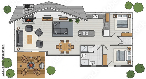 Detailed architectural floor plan of a modern residential house with furniture and layout.