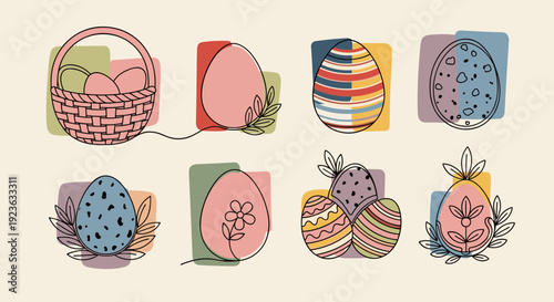 A collection of decorative Easter eggs and a basket in colorful vector style, ideal for spring holiday designs