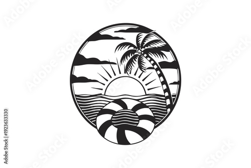 Stylized beach features palm tree, sunrise, waves, and ring