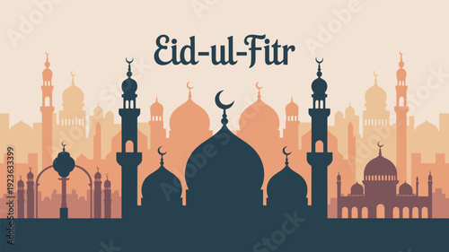 A striking silhouette of a mosque skyline with prominent domes and minarets stands below the 'Eid-ul-Fitr' text on a warm orange gradient background.