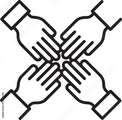 four human hands grabbing each others wrists forming a strong unbreakable circle of teamwork in simple black outline vector